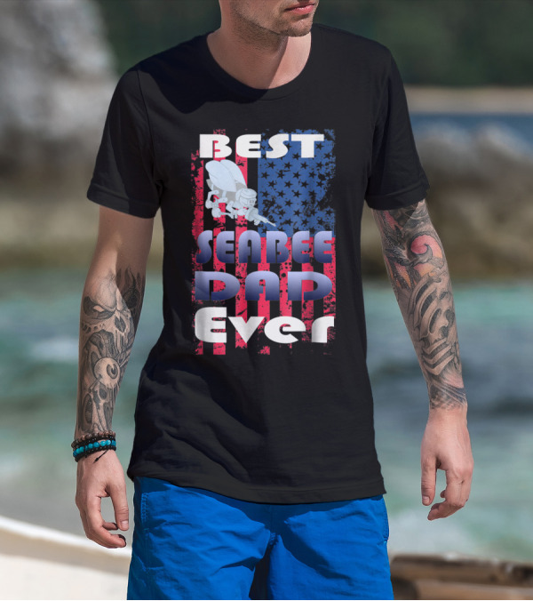 Best Seabee Dad Ever American Flag Bee Mascot T-Shirt