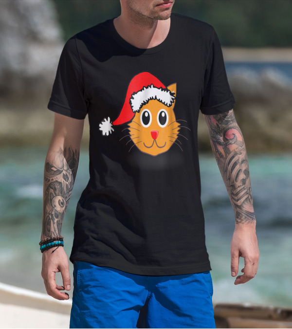 Cat Lover Grandma Kid Grandpa39 Santa Hat Cat Face T-Shirt