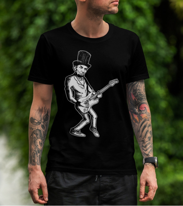 Abraham Lincoln Guitar Dad Rock Star With Top Hat And Electric Guitar T-Shirt
