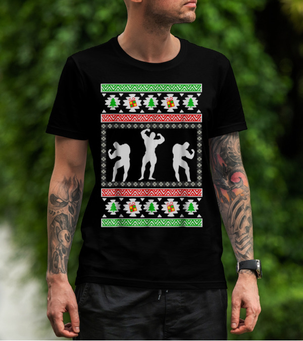 Bodybuilding Christmas Silhouette Trees And Gifts T-Shirt
