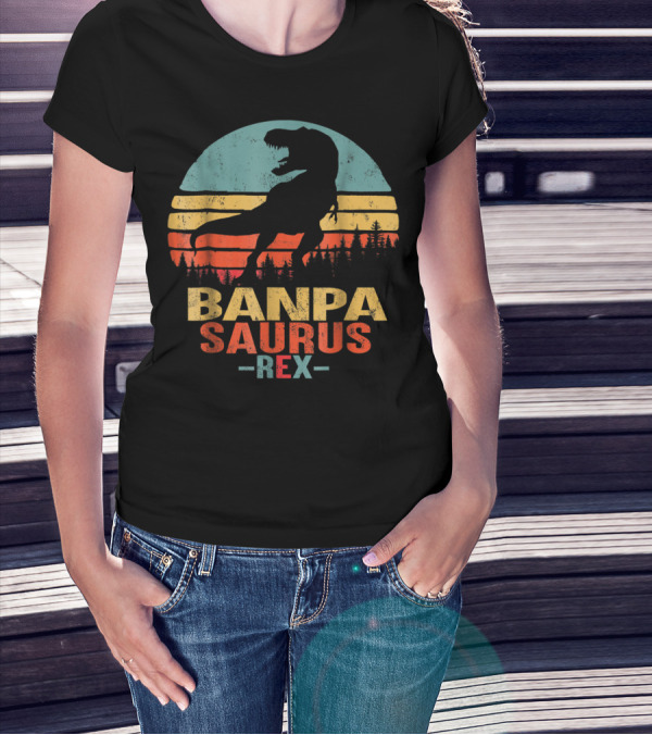 Banpasaurus Rex Dinosaur Men Dad21 Retro Sunset T-Shirt