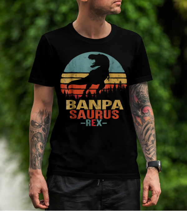 Banpasaurus Rex Dinosaur Men Dad21 Retro Sunset T-Shirt