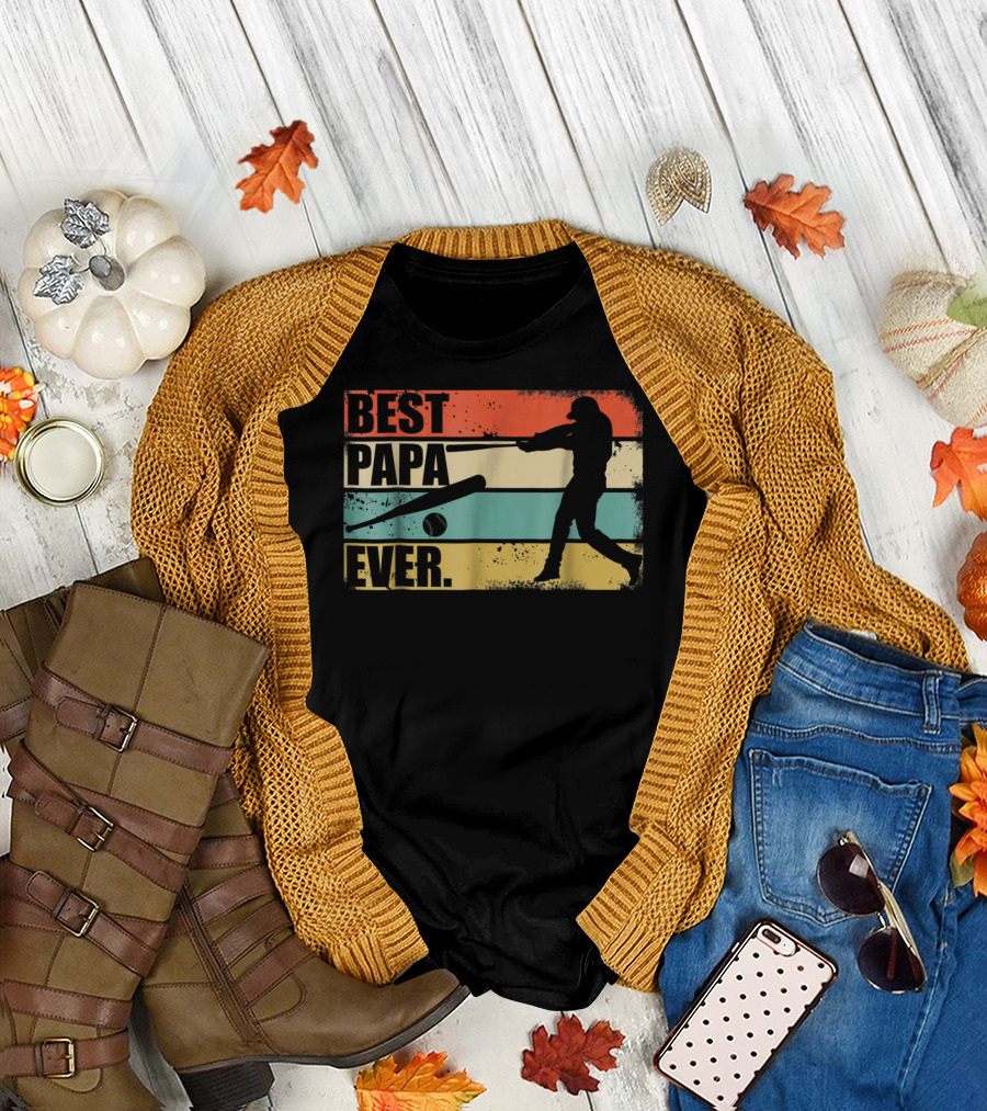 Best Papa Ever Vintage Baseball Silhouette Retro Stripes T-Shirt
