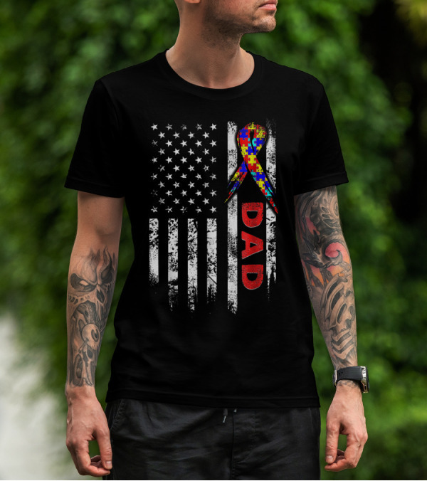 Autism Awareness American Flag Dad Ribbon Puzzle T-Shirt