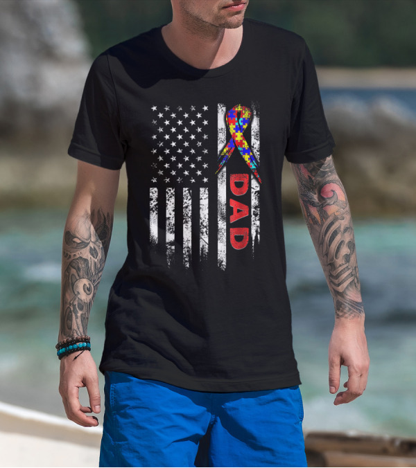 Autism Awareness American Flag Dad Ribbon Puzzle T-Shirt