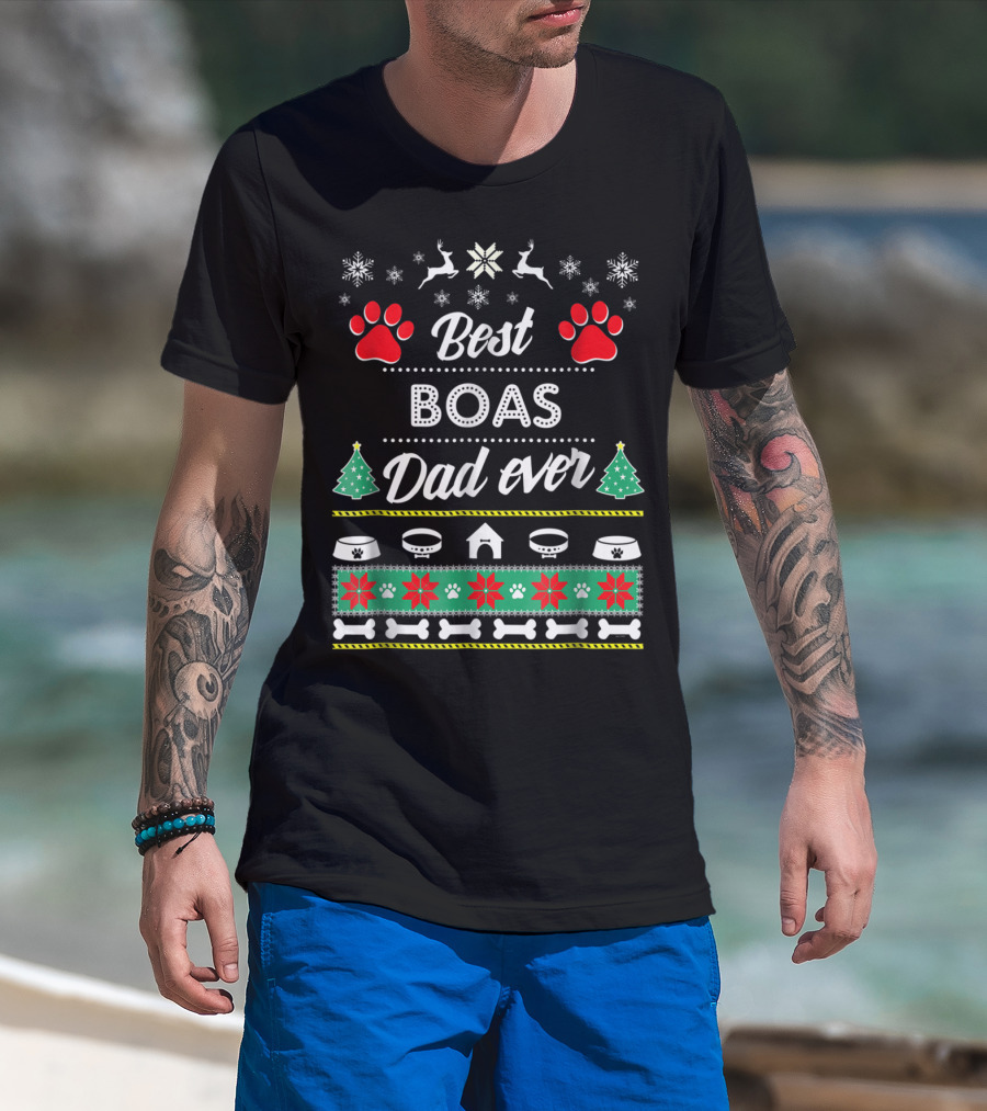 Best Boas Dad Ever Christmas Paw Prints Snowflakes Dog Bowls And Trees T-Shirt