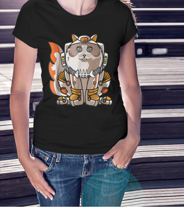 Christmas Space Ragdoll Suit Cat Astronaut With Fish Bone Helmet T-Shirt