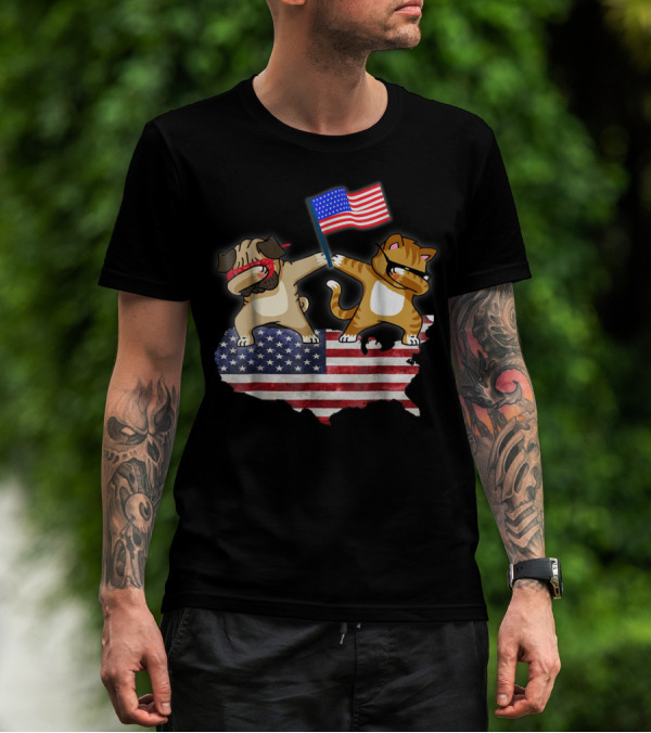 Dad Joke Loading Patriotic Pug And Cat Dabbing With American Flag USA Map T-Shirt