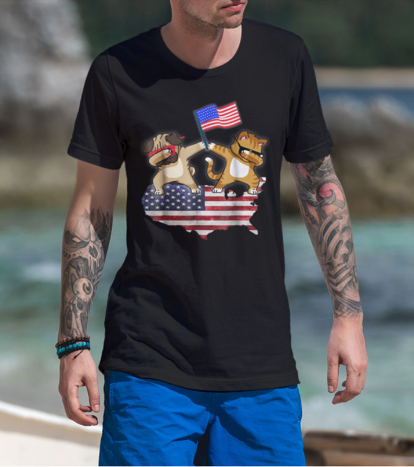 Dad Joke Loading Patriotic Pug And Cat Dabbing With American Flag USA Map T-Shirt