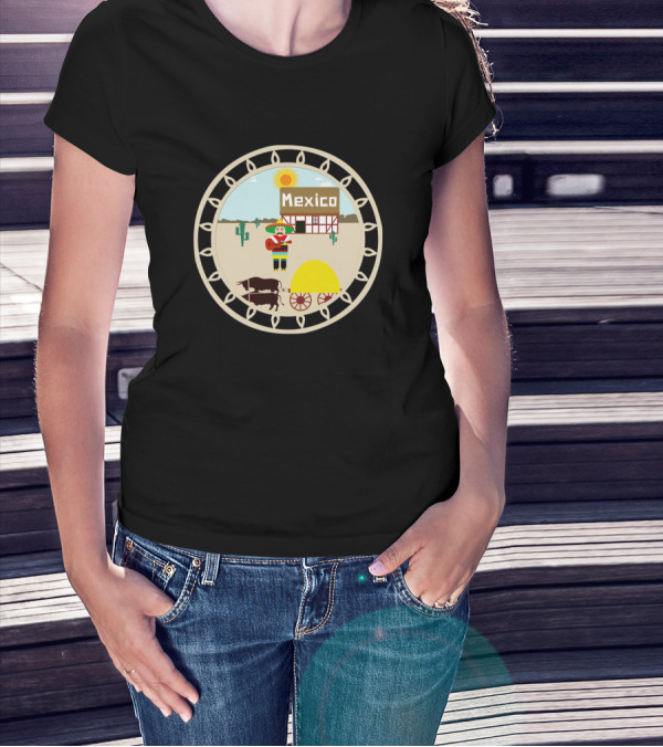 Mexico Village Sun And Sombrero Scene With Donkey Cart And Cactus T-Shirt