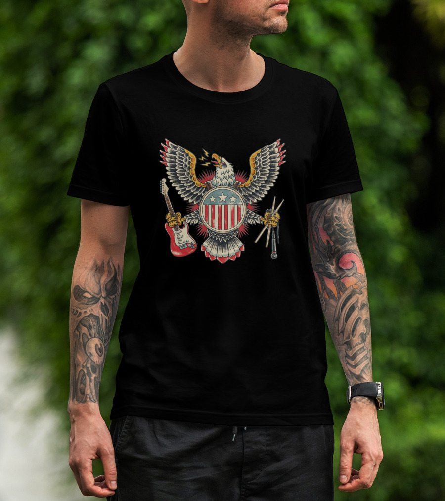 American Rockstar Eagle With Guitar And Drumsticks T-Shirt