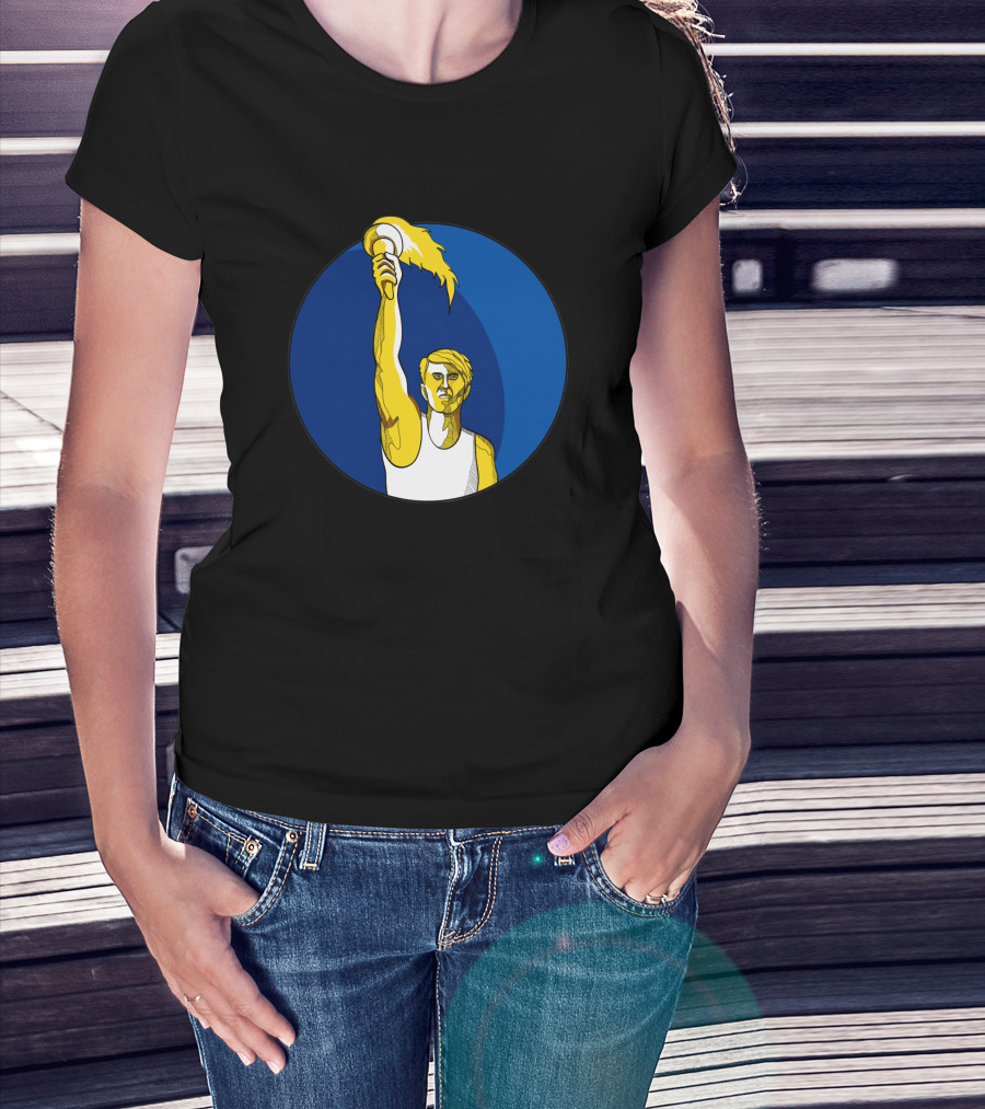 Athlete Holding Flaming Torch In Blue Circle Drawing T-Shirt