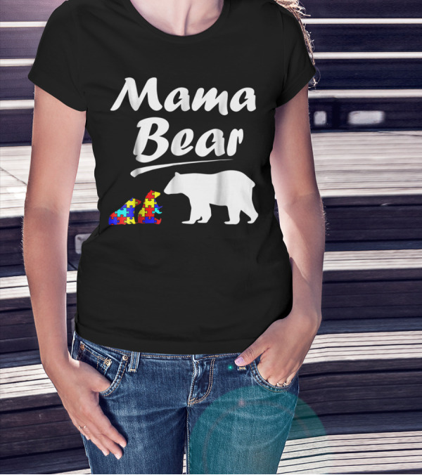 Mama Bear Autism Awareness Mom With Two Puzzle Piece Cubs T-Shirt