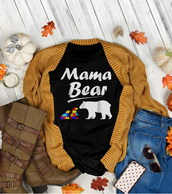 Mama Bear Autism Awareness Mom With Two Puzzle Piece Cubs T-Shirt