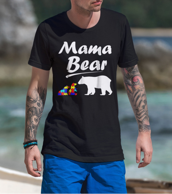 Mama Bear Autism Awareness Mom With Two Puzzle Piece Cubs T-Shirt