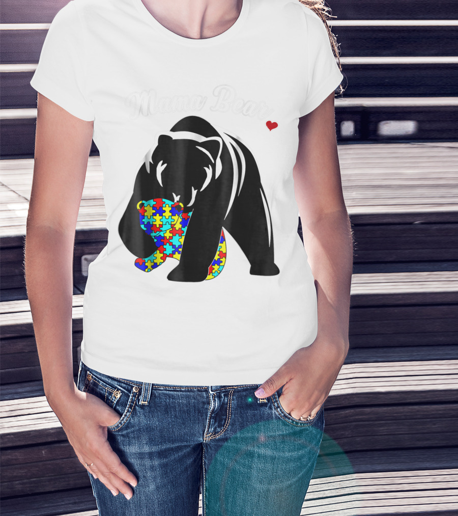 Mama Bear Autism Awareness Love Support Mom Puzzle Heart T-Shirt