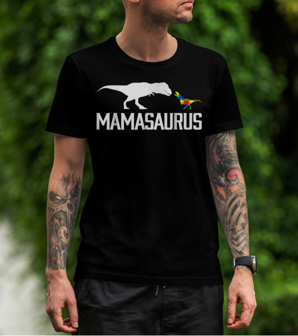 Mamasaurus Autism Awareness Dinosaur Puzzle Pattern Mom T-Shirt