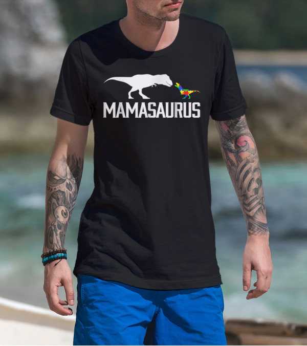 Mamasaurus Autism Awareness Dinosaur Puzzle Pattern Mom T-Shirt
