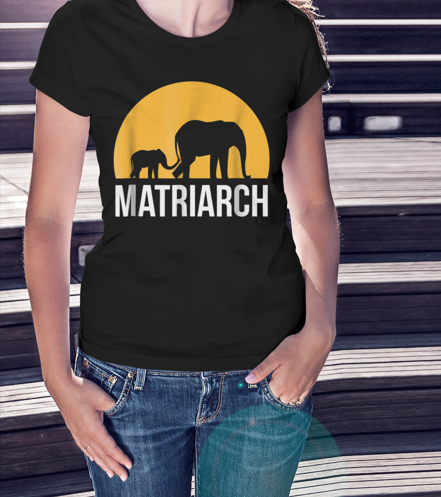 Matriarch Elephant Silhouette With Yellow Sunset Circle T-Shirt