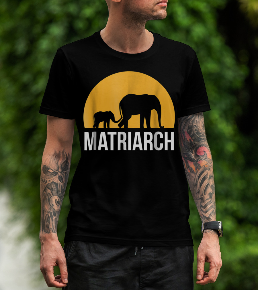 Matriarch Elephant Silhouette With Yellow Sunset Circle T-Shirt