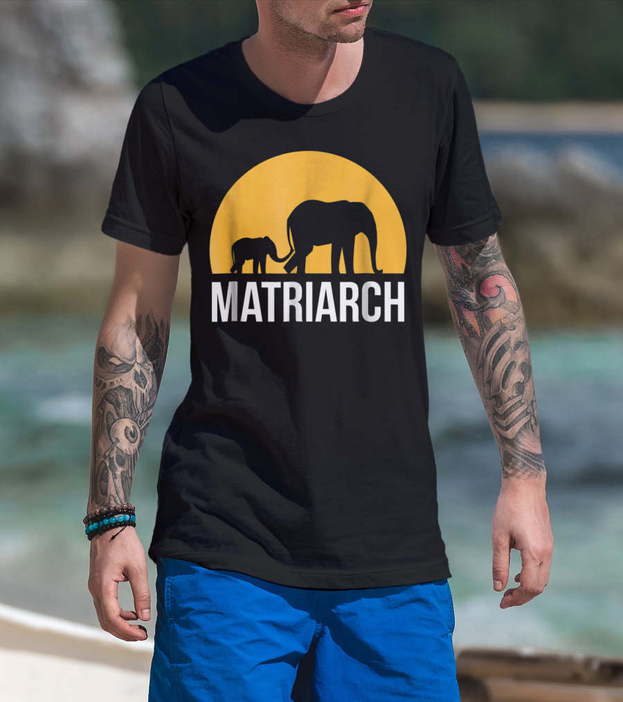 Matriarch Elephant Silhouette With Yellow Sunset Circle T-Shirt