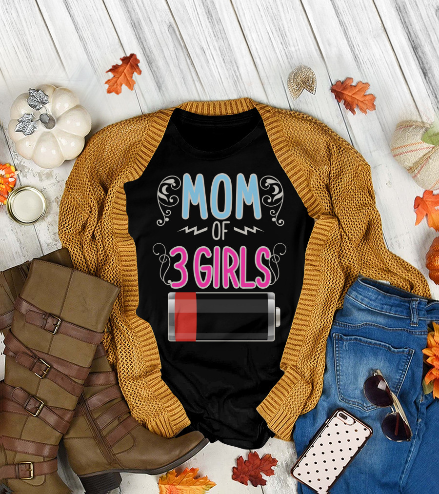 Mom Of 3 Girls Low Battery Icon Three Girl Mama Mother T-Shirt