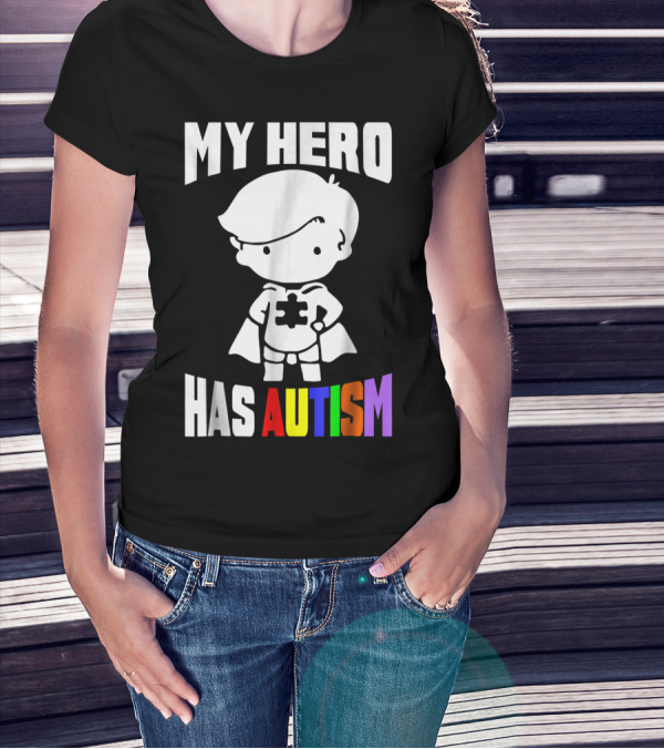 My Hero Has Autism Mom From Son56 Puzzle Cape Hero T-Shirt