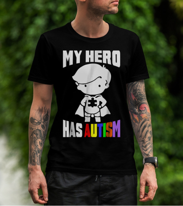 My Hero Has Autism Mom From Son56 Puzzle Cape Hero T-Shirt