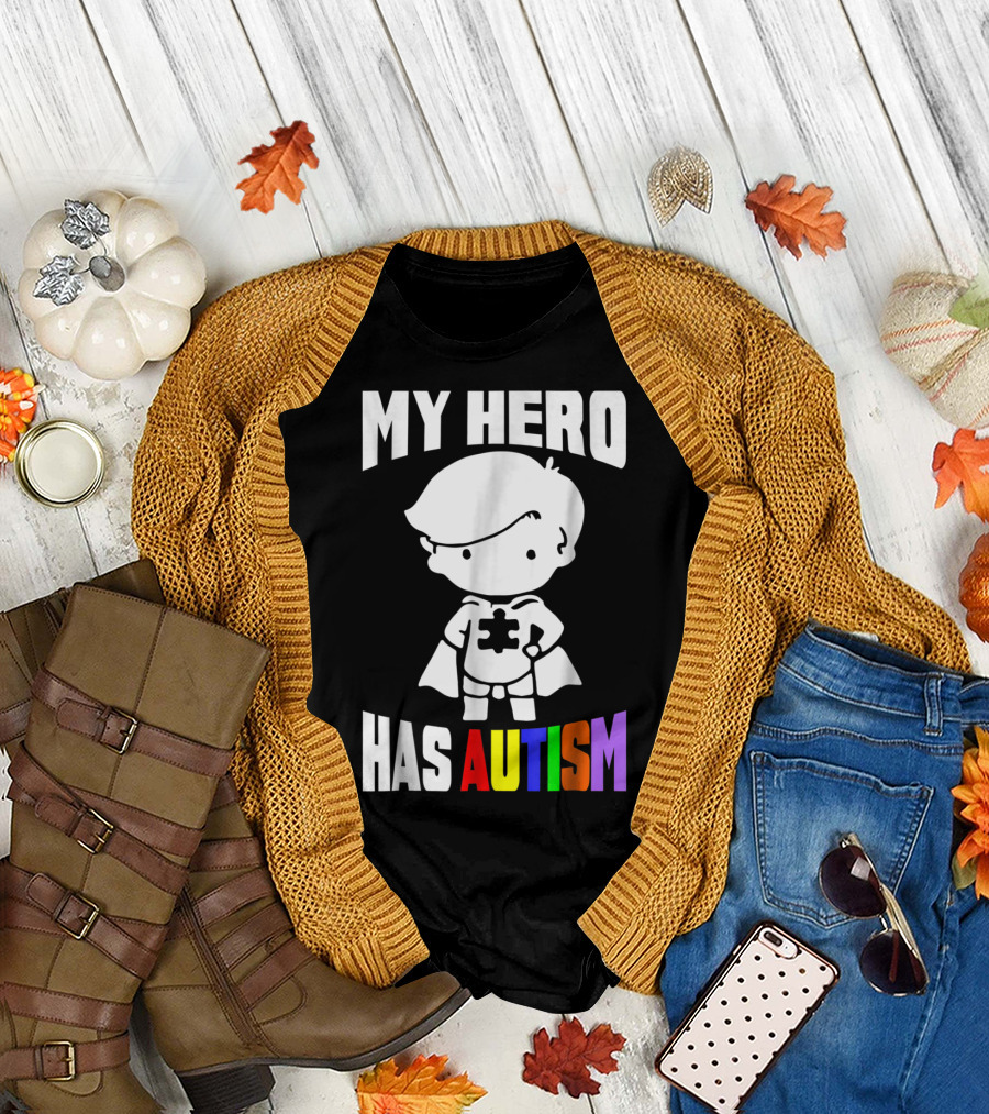 My Hero Has Autism Mom From Son56 Puzzle Cape Hero T-Shirt