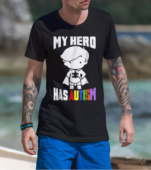 My Hero Has Autism Mom From Son56 Puzzle Cape Hero T-Shirt