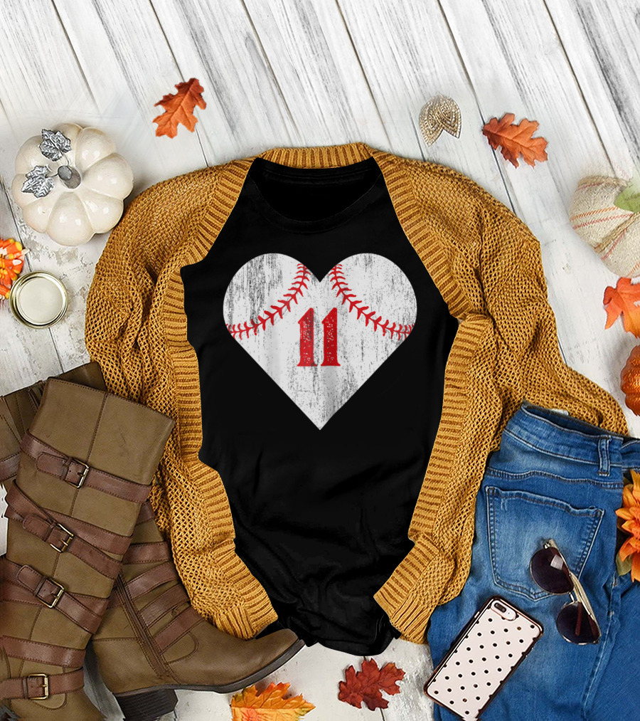 Number 11 Heart Baseball Softball T-Shirt