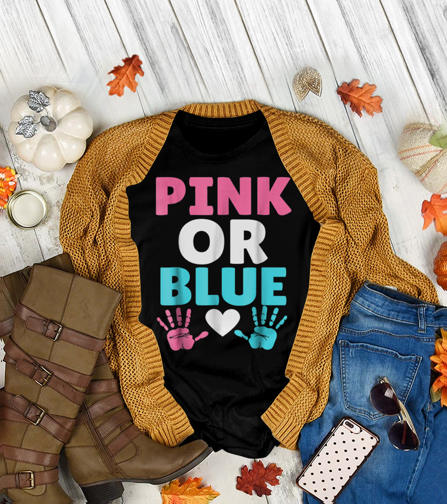 Pink or Blue Cute Baby Gender Reveal Mom and Dad Handprint Heart T-Shirt