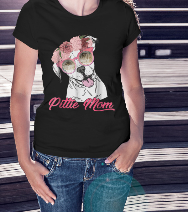 Pittie Mom With Flower Crown And Sunglasses Pitbull T-Shirt