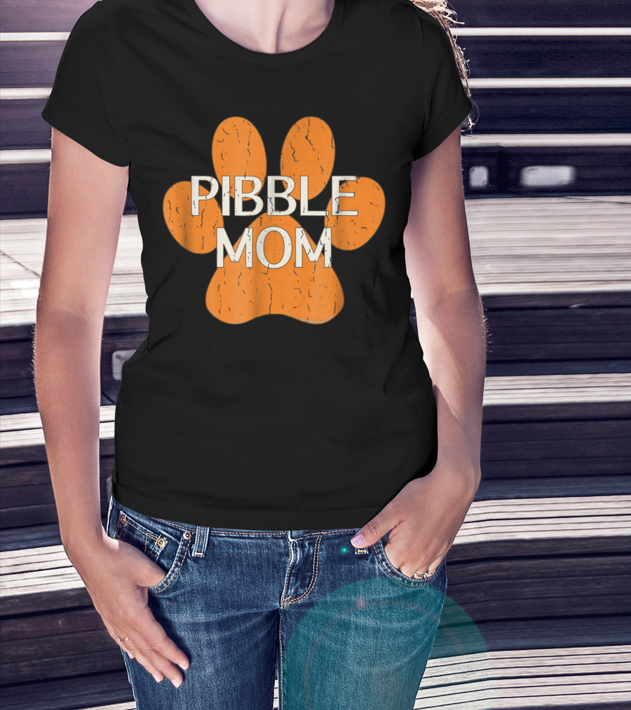 Pibble Mom Orange Dog Paw Print Distressed Pit Bull T-Shirt