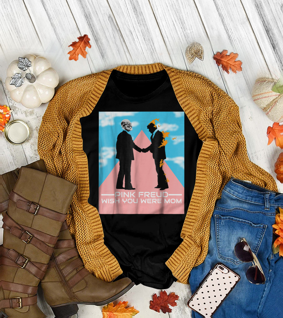 Pink Freud Wish You Were Mom Band Silhouettes on Pink Triangle with Blue Sky Background T-Shirt