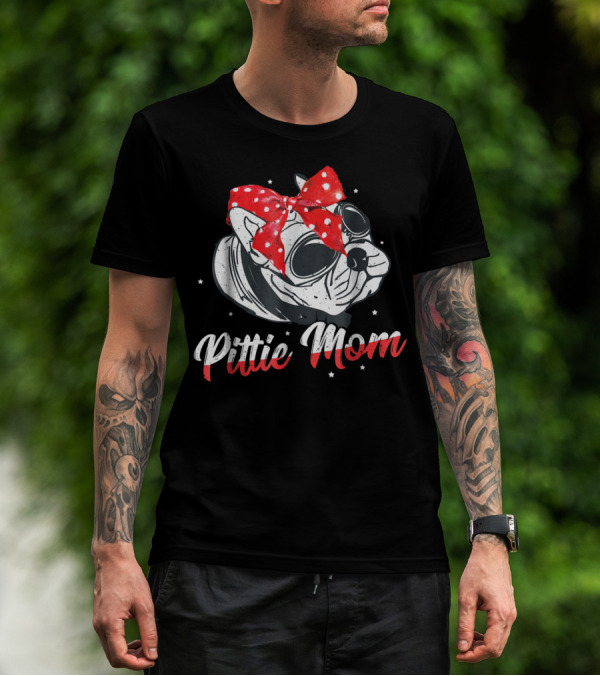 Pittie Mom American Pitbull Dog Lover Red Polka Dot Bow Glasses T-Shirt
