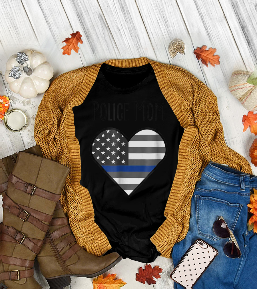 Police Mom Heart Thin Blue Line American Flag T-Shirt