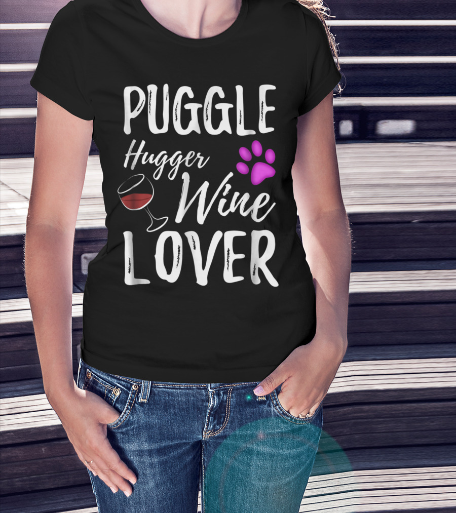 Puggle Hugger Wine Lover Paw Print Dog Parent T-Shirt
