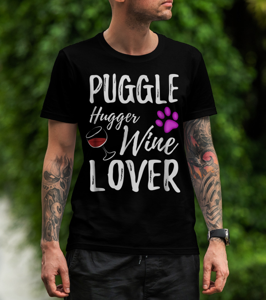 Puggle Hugger Wine Lover Paw Print Dog Parent T-Shirt