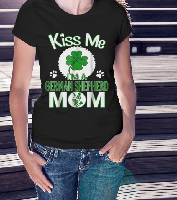 Kiss Me I'm A German Shepherd Mom Shamrock Paw Prints T-Shirt
