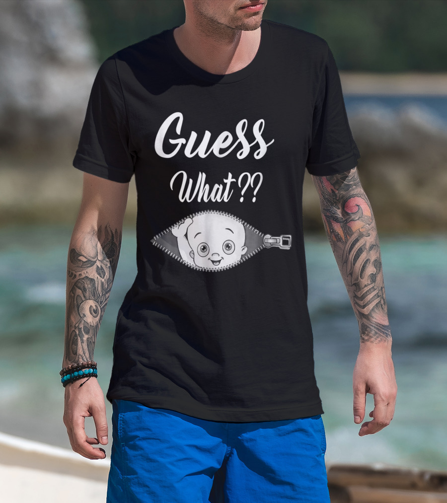 Guess What Pregnancy Announcement Expectant Mom Tee Zipper Baby Reveal T-Shirt