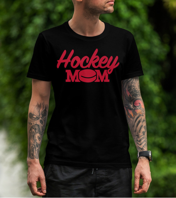 Hockey Mom Fitted Red Text With Puck T-Shirt