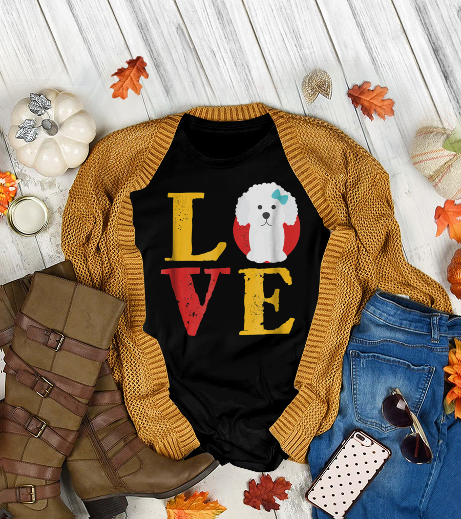 LOVE Bichon Frise Puppy With Blue Bow T-Shirt