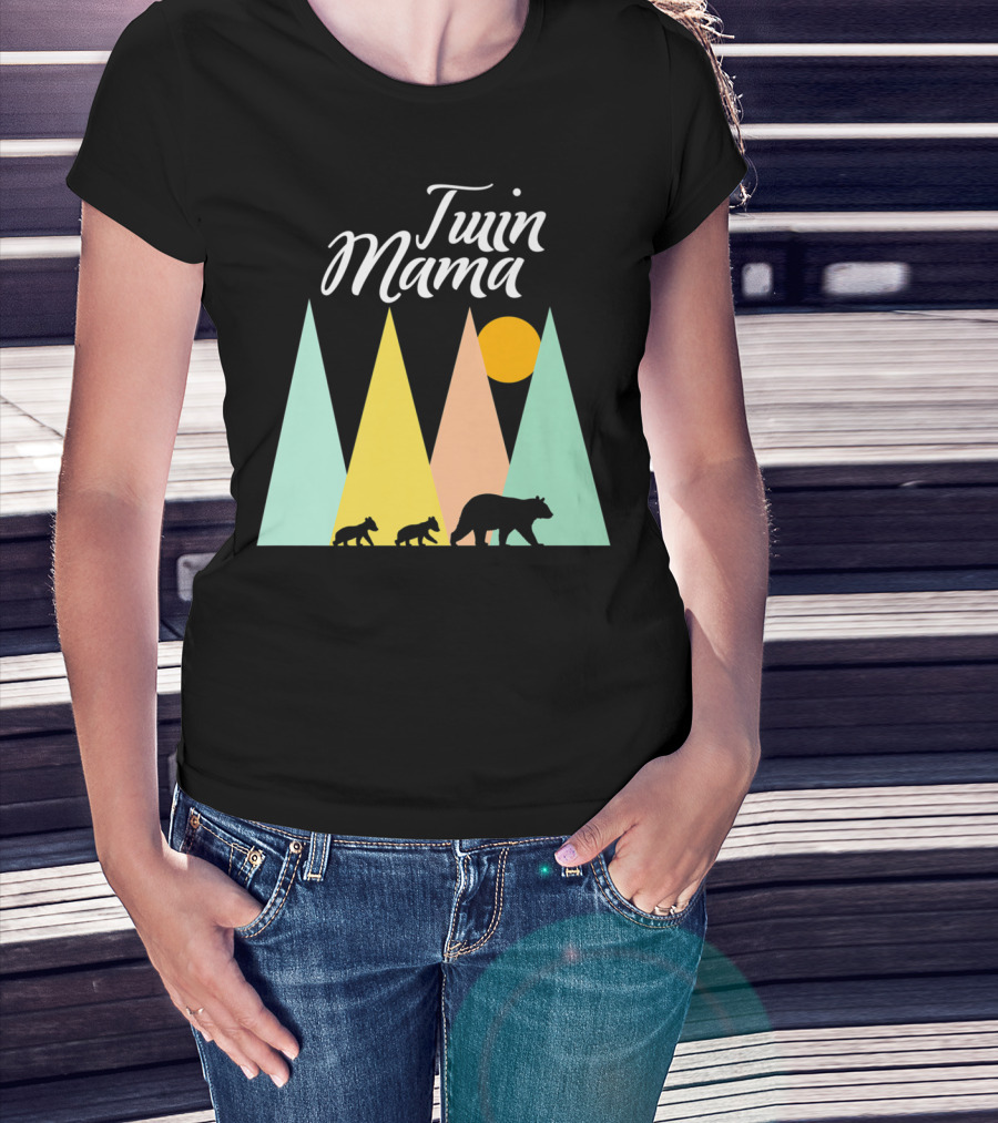 Twin Mama Bear With Cubs In Colorful Forest Scene T-Shirt