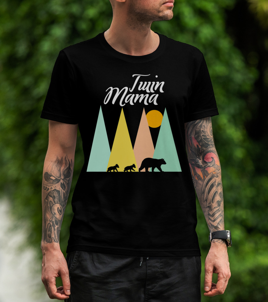 Twin Mama Bear With Cubs In Colorful Forest Scene T-Shirt