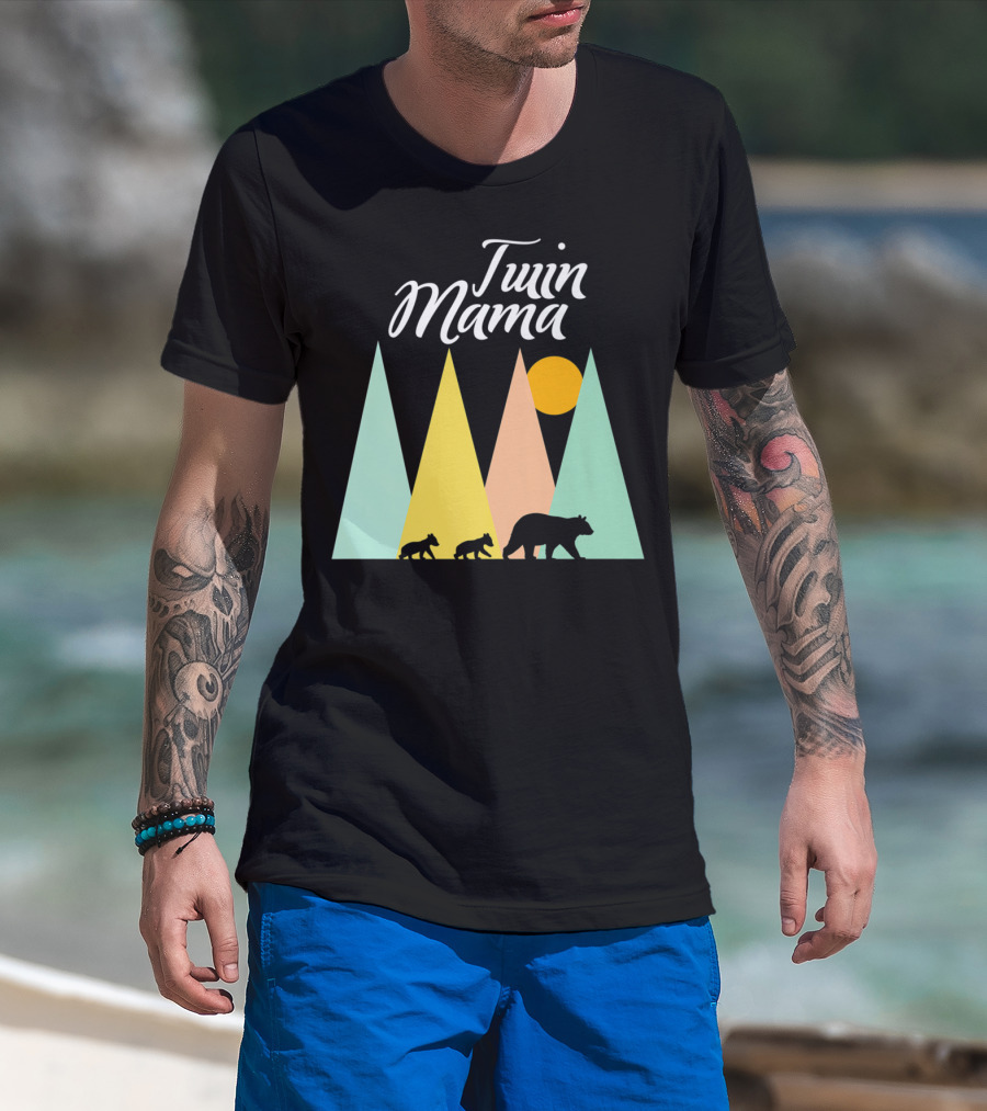 Twin Mama Bear With Cubs In Colorful Forest Scene T-Shirt