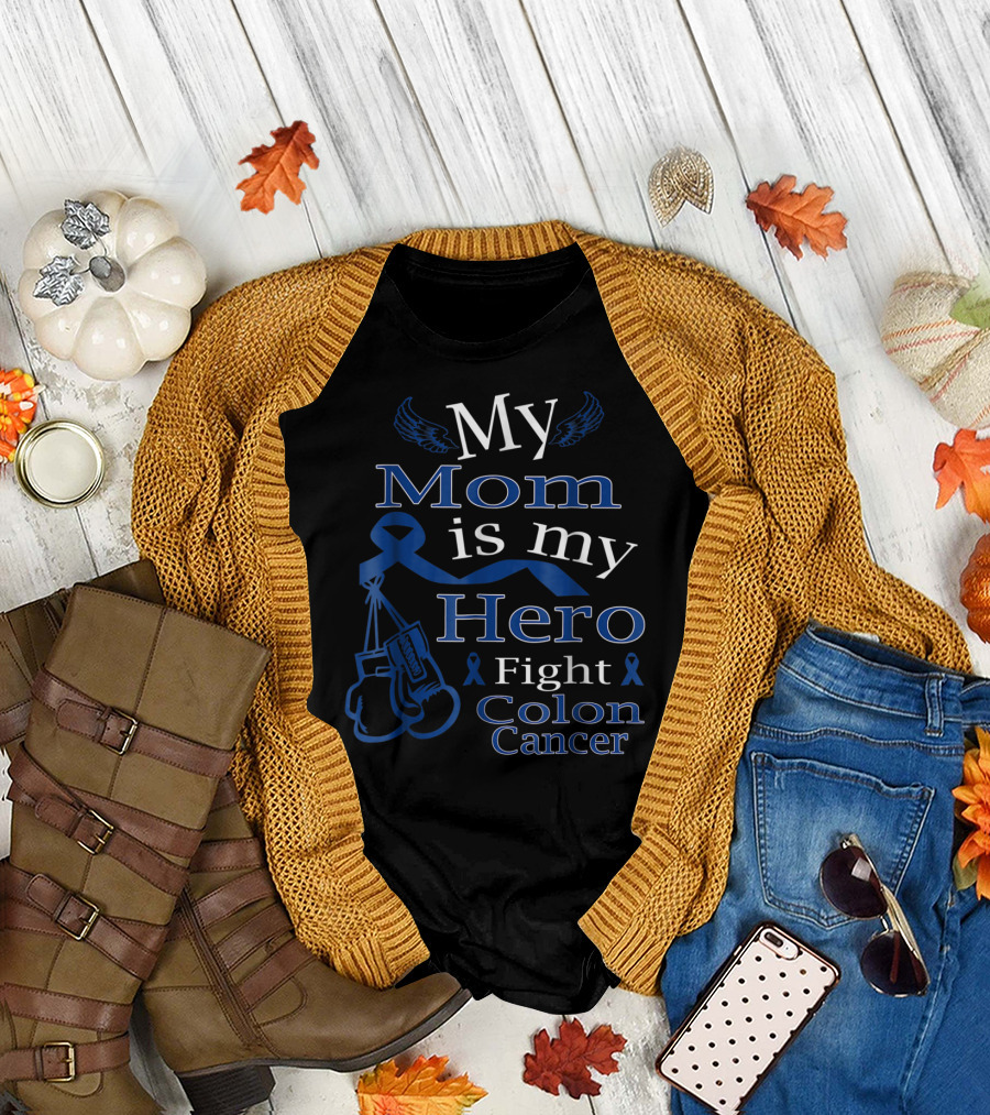 My Mom is My Hero Fight Colon Cancer Blue Ribbon Boxing Gloves T-Shirt