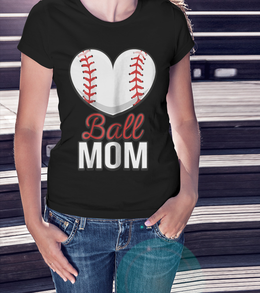 Ball Mom Heart Baseball Softball Mom T-Shirt