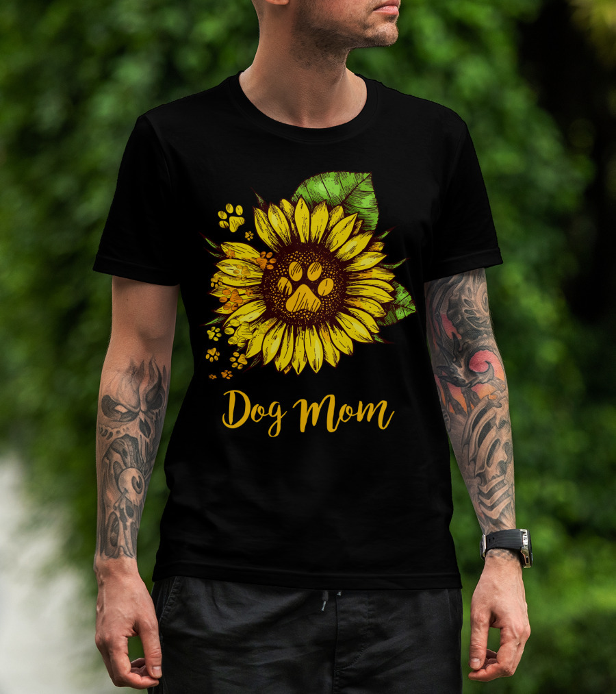 Dog Mom Sunflower With Dog Paw Prints T-Shirt