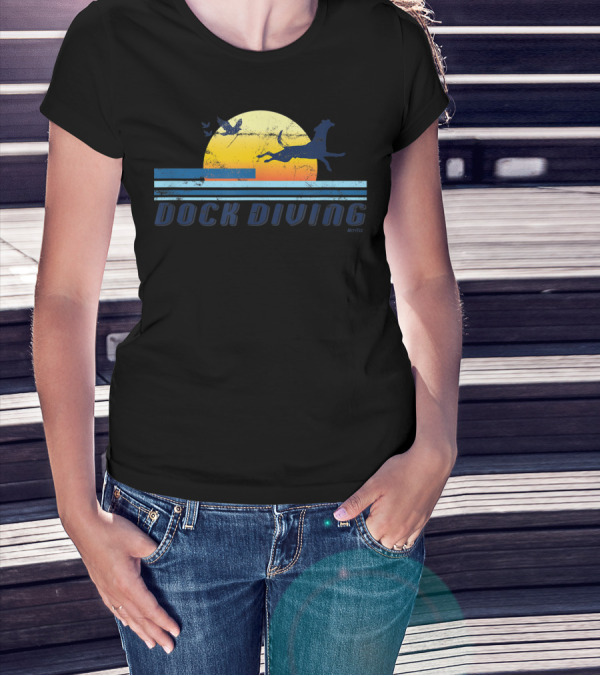 Dock Diving Jumping Dog Mom Dad Retro Sunset T-Shirt